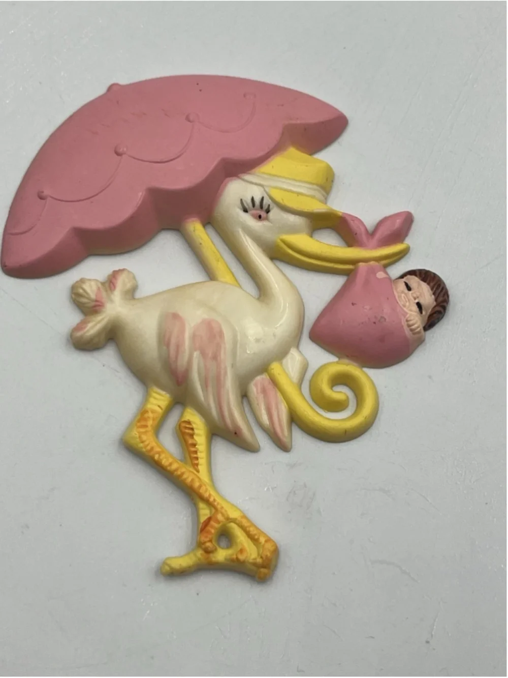 Plastic Pink Stork Umbrella & baby shower favor floral cupcake pic COLLECTIBLE